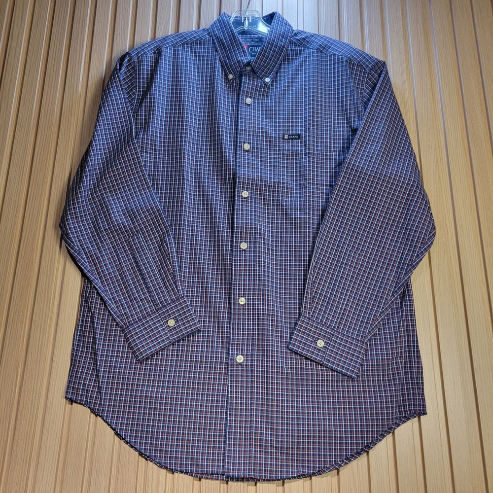 Chaps Mens Easy Care Plaid Button Down Shirt Blue Orange White Size M Long Sleev
